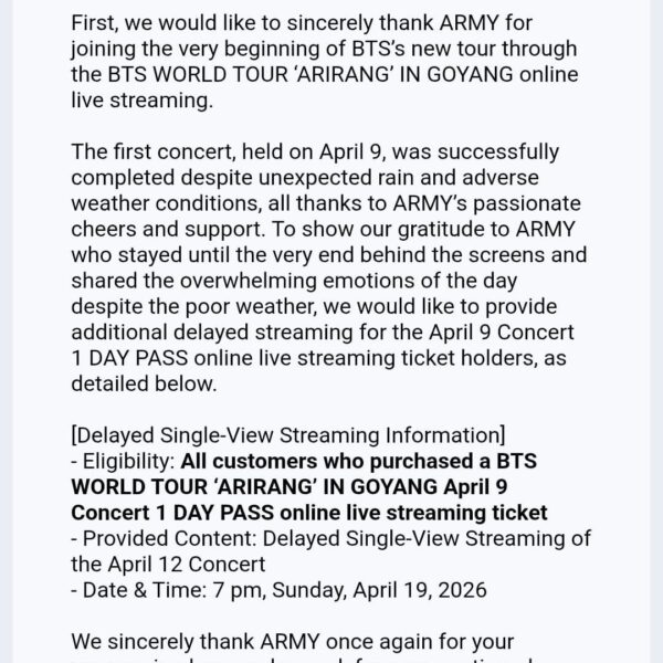 BH offers buyers of ‘ARIRANG’ April 9 online Live Streaming additional delayed viewing of April 12 live stream