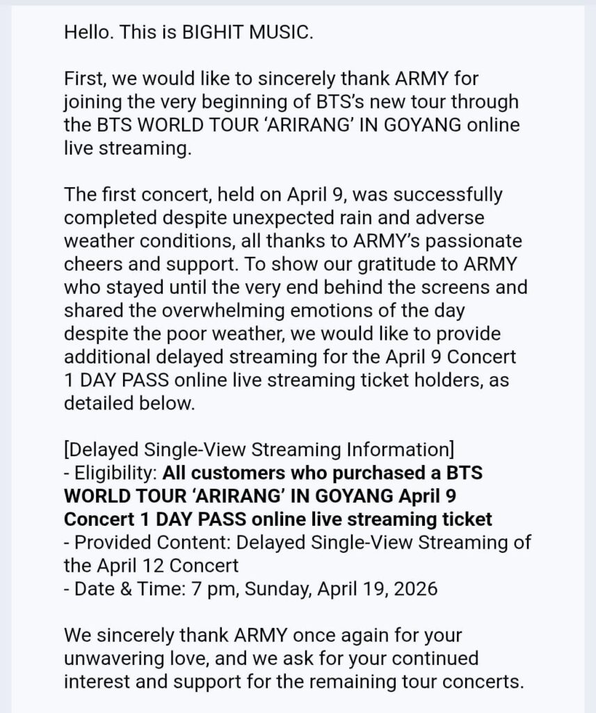 BH offers buyers of ‘ARIRANG’ April 9 online Live Streaming additional delayed viewing of April 12 live stream