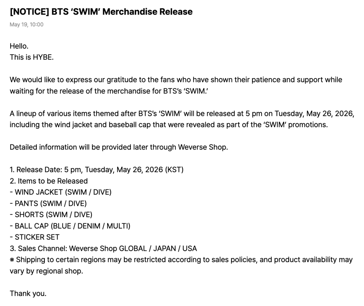 [NOTICE] BTS ‘SWIM’ Merchandise Release - 190526